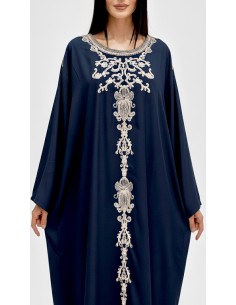 caftan gandoura manches longues brodé bleu marine  - 1 2