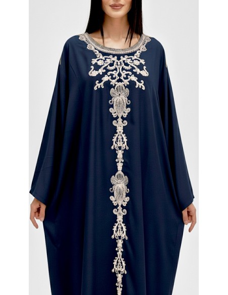 caftan gandoura manches longues brodé bleu marine  - 2