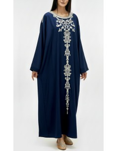 caftan gandoura manches longues brodé bleu marine  - 1