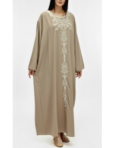 caftan gandoura manches longues brodé beige taupe  - 1