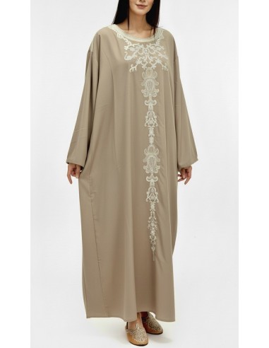 caftan gandoura manches longues brodé beige taupe  - 1