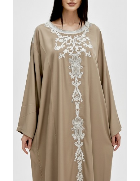 caftan gandoura manches longues brodé beige taupe  - 2