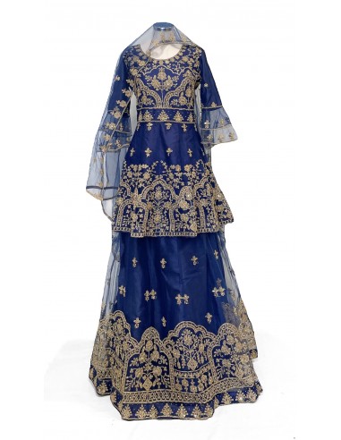 Lehenga choli Sari Bleu et doré  - 3