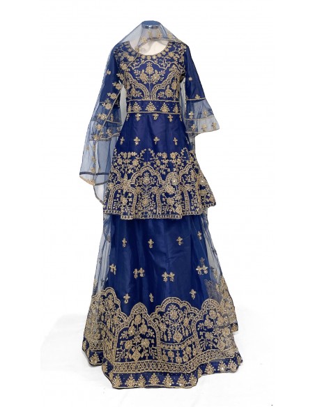 Lehenga choli Sari Bleu et doré  - 3