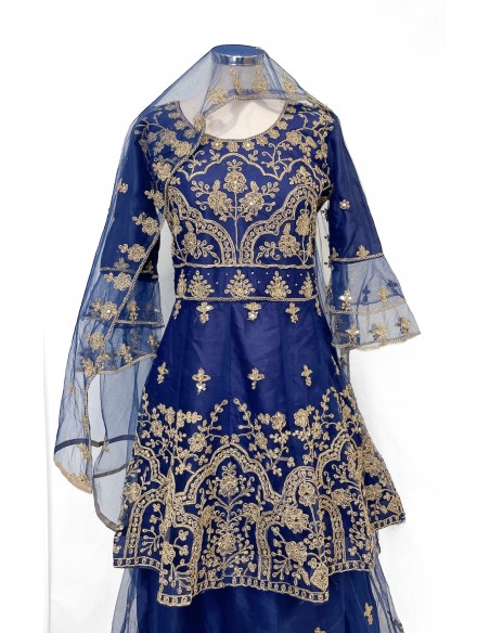 Lehenga choli Sari Bleu et doré  - 4