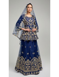 Lehenga choli Sari Bleu et doré  - 1