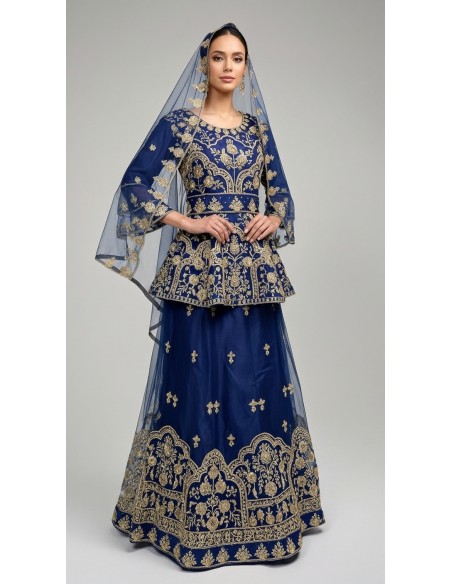 Lehenga choli Sari Bleu et doré  - 1