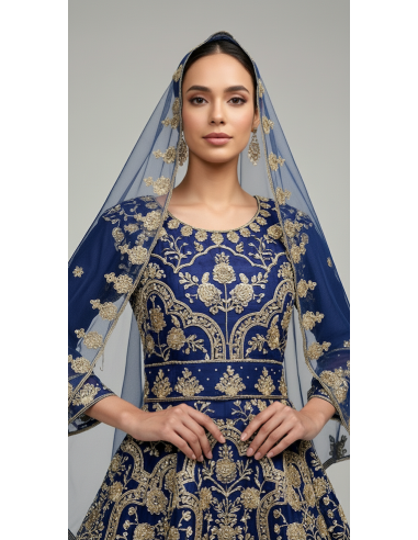 Lehenga choli Sari Bleu et doré  - 2
