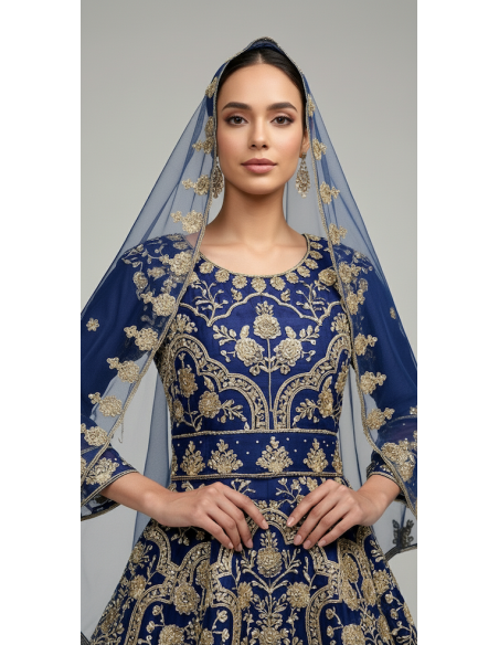 Lehenga choli Sari Bleu et doré  - 2