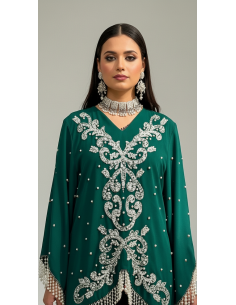 Ensemble pantalon tunique perlé strass sequins vert argenté  - 1 2