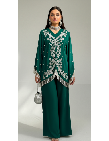 Ensemble pantalon tunique perlé strass sequins vert argenté  - 1