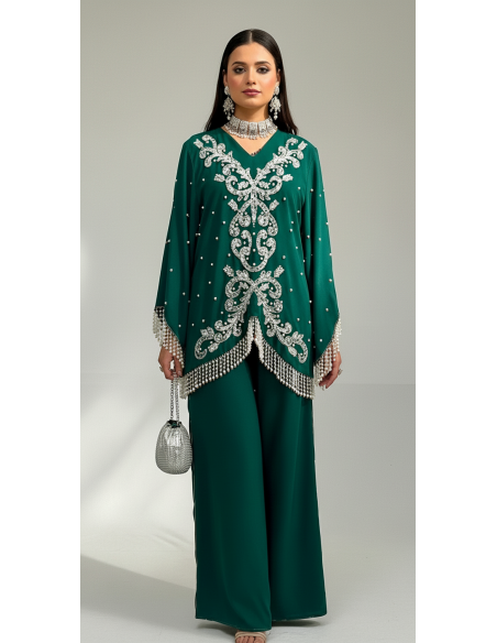 Ensemble pantalon tunique perlé strass sequins vert argenté  - 1