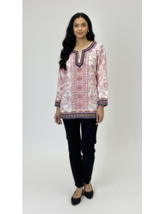 Tunique indienne ethnique kurti bohème Blanc Rouge A23  - 1