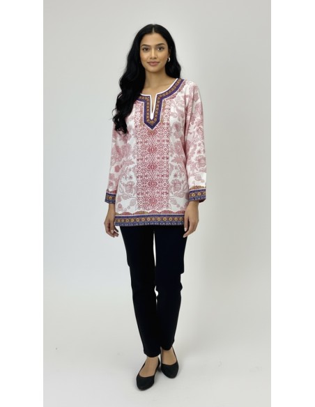 Tunique indienne ethnique kurti bohème Blanc Rouge A23  - 1