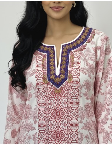 Tunique indienne ethnique kurti bohème Blanc Rouge A23  - 3