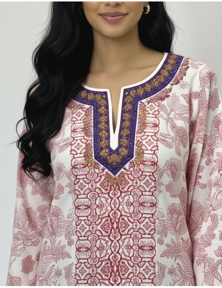 Tunique indienne ethnique kurti bohème Blanc Rouge A23  - 3