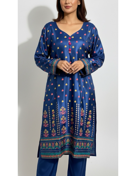 Tunique indienne ethnique kurti long  bohème Bleu marine  - 2