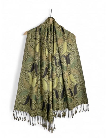 châle indien motif cachemire vert olive  - 1