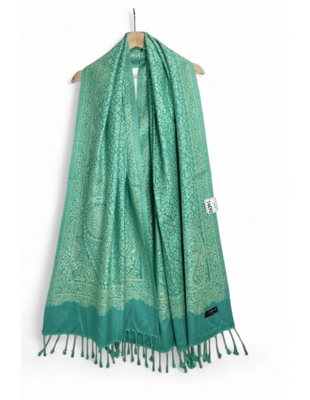 Pashmina Artisanat Indien Brodé Echarpe bleu vert  - 1