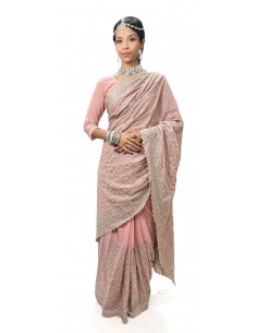 Sari Rose poudre Brodé Or –Prêt-à-Porter Élégance et Charme Intemporel  - 1