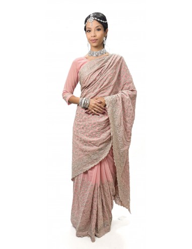Sari Rose poudre Brodé Or –Prêt-à-Porter Élégance et Charme Intemporel  - 1