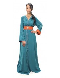 Caftan Robe orientale pas cher vert doublure ceinture orange  - 1