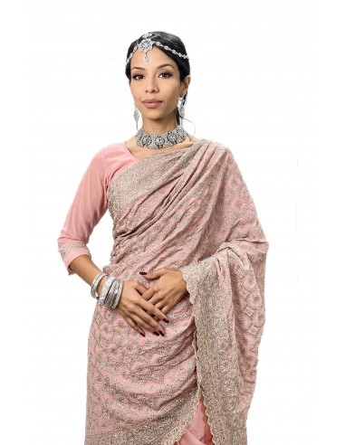 Sari Rose poudre Brodé Or –Prêt-à-Porter Élégance et Charme Intemporel  - 2