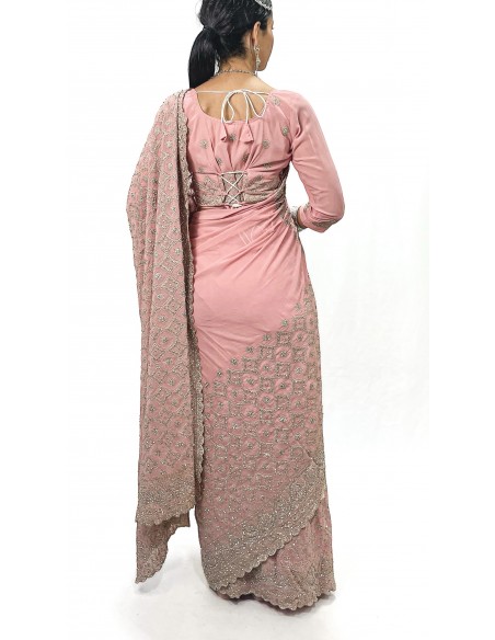 Sari Rose poudre Brodé Or –Prêt-à-Porter Élégance et Charme Intemporel  - 3