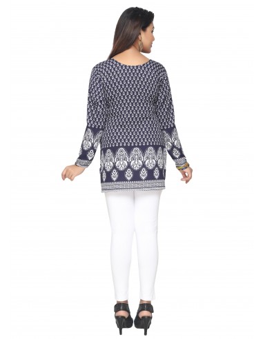 Tunique indienne ethnique kurti bohème bleu marine A23  - 5