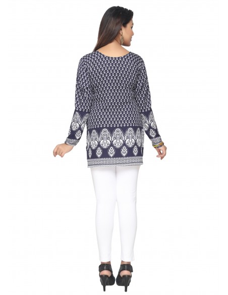 Tunique indienne ethnique kurti bohème bleu marine A23  - 5