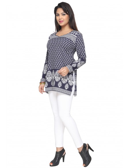 Tunique indienne ethnique kurti bohème bleu marine A23  - 4