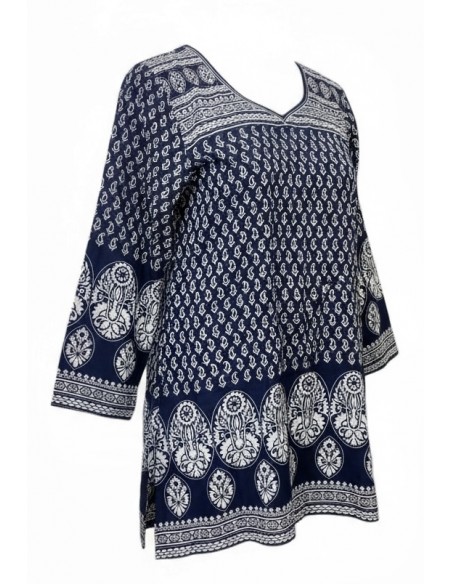 Tunique indienne ethnique kurti bohème bleu marine A23  - 3