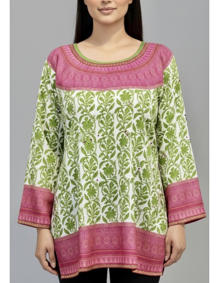 Tunique indienne ethnique kurti bohème Vert rose A23  - 2