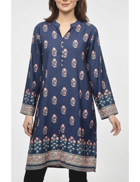 Tunique indienne ethnique kurti long Bleu nuit bohème JUIN22  - 2