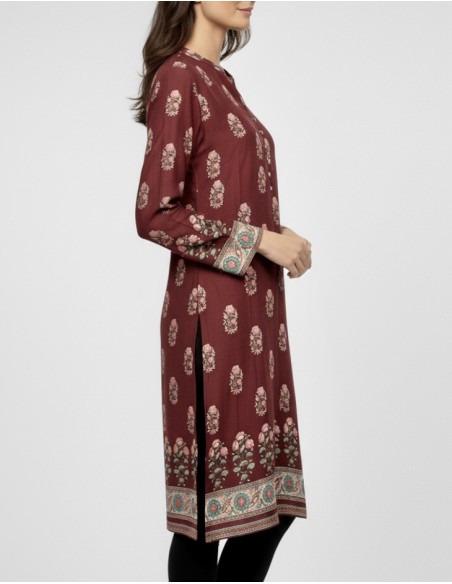 Tunique indienne ethnique kurti long bordeaux bohème JUIN22  - 3