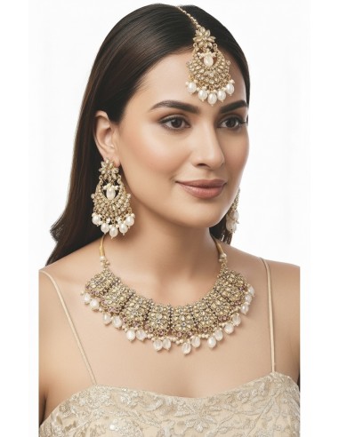 Parure de Bijoux Dorés avec Perles blanches– Collier, Boucles d'Oreilles et Chaîne de Front  - 1