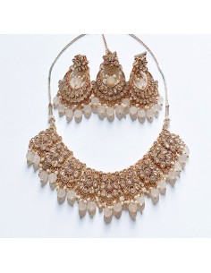 Parure de Bijoux Dorés avec Perles blanches– Collier, Boucles d'Oreilles et Chaîne de Front  - 1 2