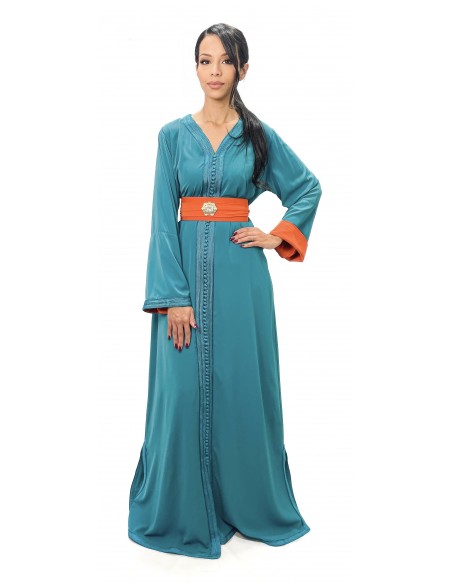 Caftan Robe orientale pas cher vert doublure ceinture orange  - 1