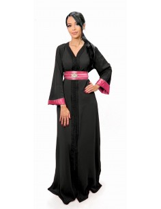 Caftan Robe orientale pas cher noir doublure ceinture rose  - 1
