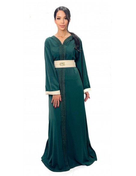 Caftan Robe orientale pas cher vert doublure ceinture beige  - 1