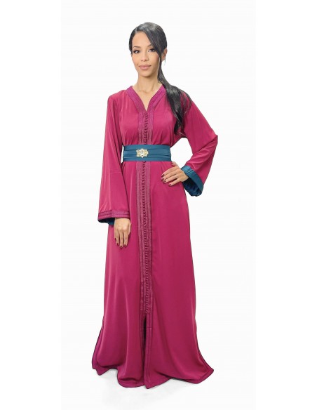 Caftan Robe orientale pas cher rose doublure ceinture bleu/vert  - 1