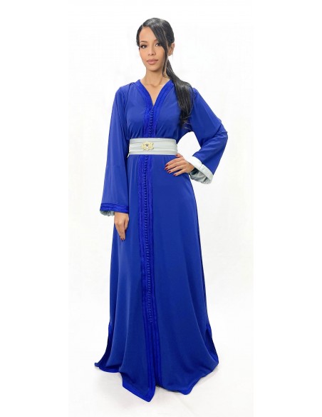 Caftan Robe orientale pas cher bleu royal doublure ceinture bleu ciel  - 1