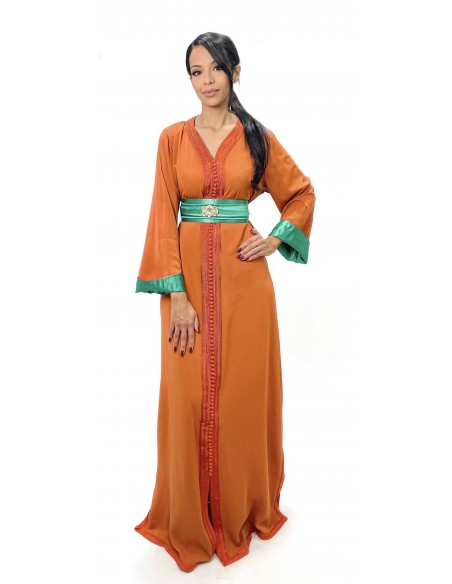 Caftan Robe orientale pas cher orange doublure ceinture vert  - 1