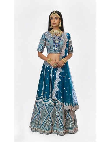 Lehenga Choli de Mariage Luxe Brodé – bleu Paon -Haute gamme – Taille 36 à 46  - 1