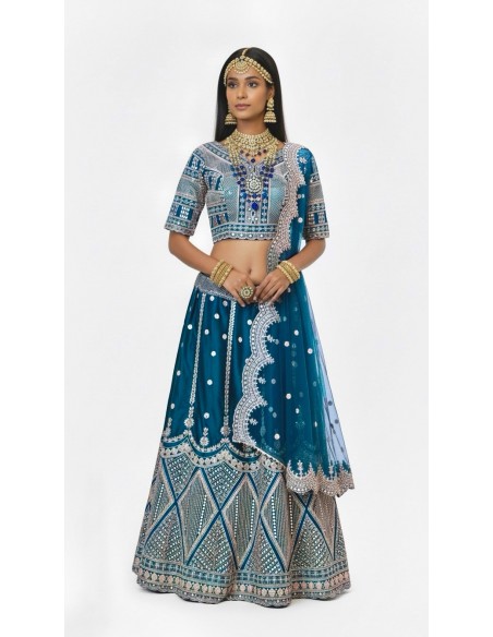 Lehenga Choli de Mariage Luxe Brodé – bleu Paon -Haute gamme – Taille 36 à 46  - 1