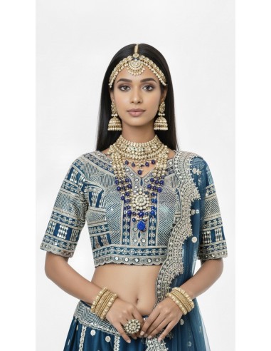 Lehenga Choli de Mariage Luxe Brodé – bleu Paon -Haute gamme – Taille 36 à 46  - 2
