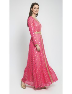 Robe longue Tlija rose fuchsia et dorée – Tenue orientale de cérémonie  - 1