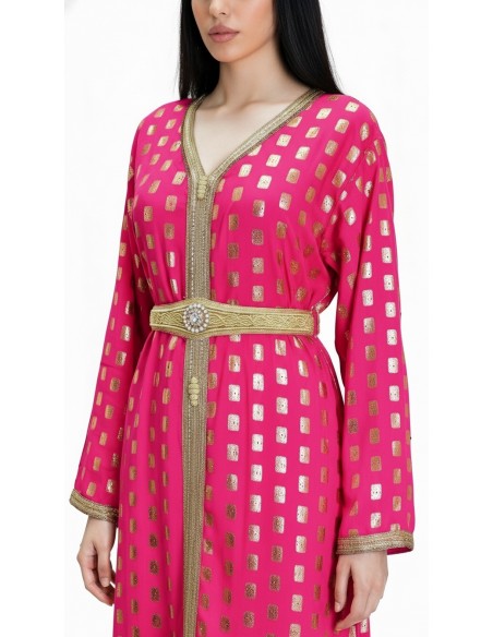 Robe longue Tlija rose fuchsia et dorée – Tenue orientale de cérémonie  - 3
