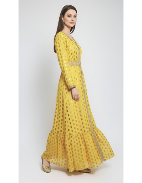 Robe longue Tlija jaune et dorée – Tenue orientale de cérémonie  - 2