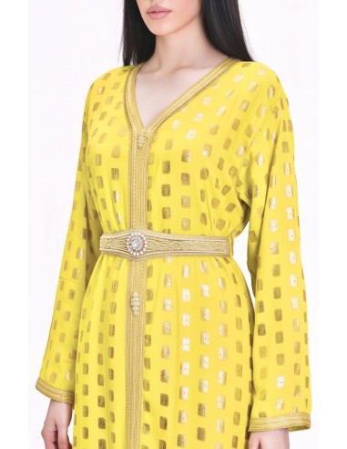 Robe longue Tlija jaune et dorée – Tenue orientale de cérémonie  - 3